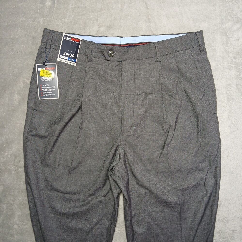 Roundtree & Yorke 34x30 Gray Pants Pleated Corporate-Commuter Travel-Smart 34